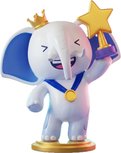 Maskot gajah Ganesha Prize membawa piala emas
